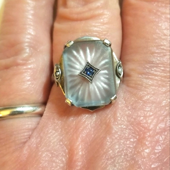 Antique Jewelry - Antique Art Deco Sapphire Seed Pearl Camphor Glass Sterling Ring